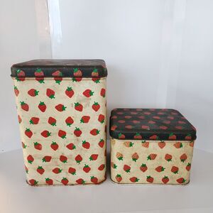 Vintage Strawberry Tin Canister Set Made in USA Red White Brown Potpourri Press